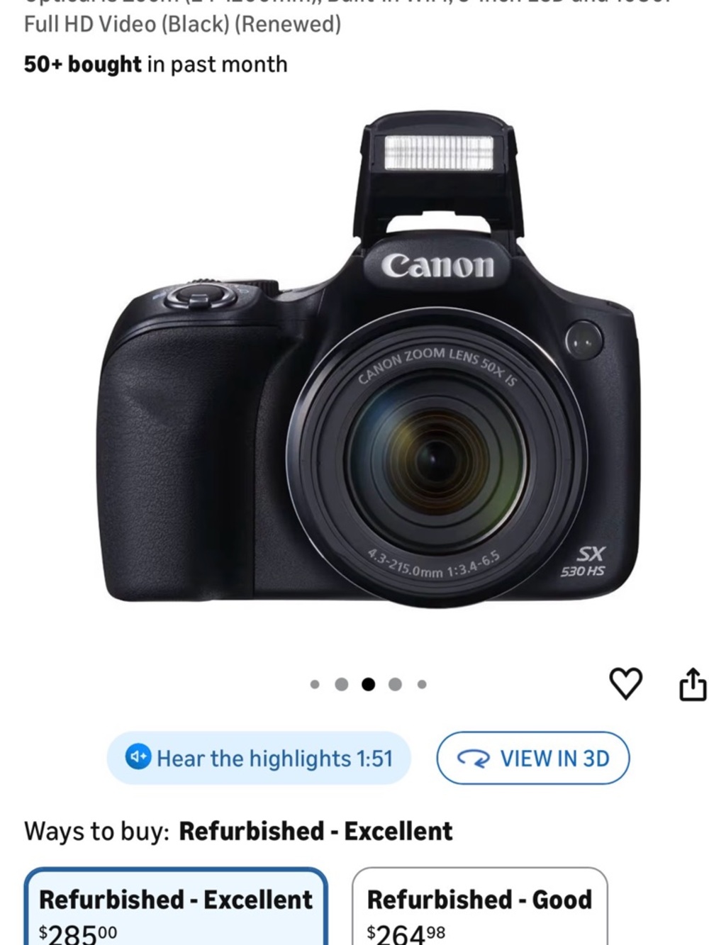 Canon Black SX530 HS Bridge Camera with Pop-Up Flash
